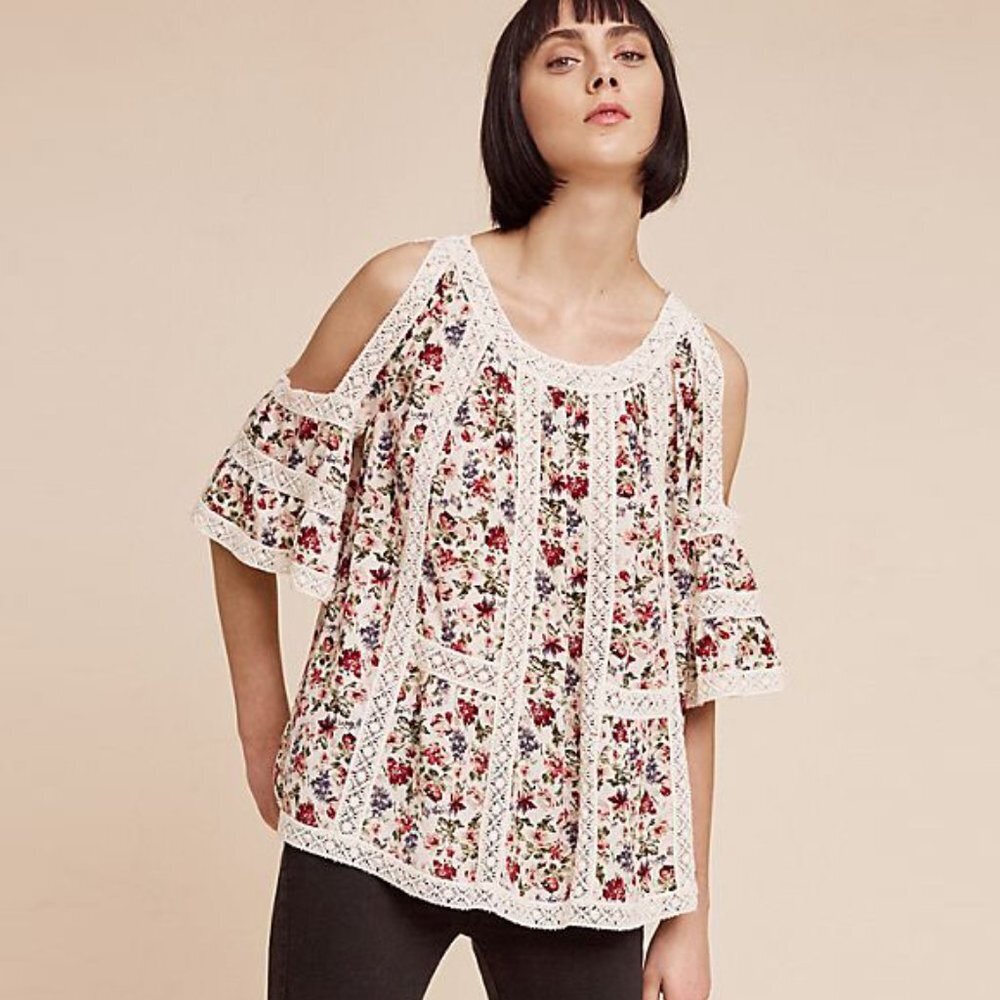 Anthro Blue Tassel Maylou Open-Shoulder Blouse
